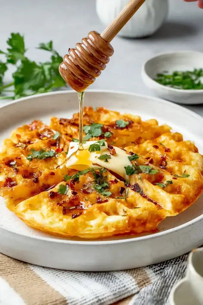 Low Carb Cheese and Egg Waffles – Quick & Crispy Favorite 10 Low carb cheese and egg waffles drizzled with syrup and topped with herbs and butter