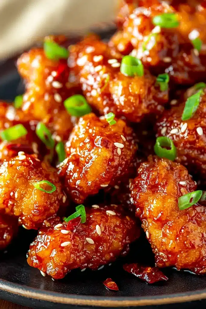 Sweet & Spicy Korean Fried Chicken Recipe | Amazing & Easy 9 Sweet & Spicy Korean Fried Chicken close-up on rustic ceramic plate with sesame seeds and green onions