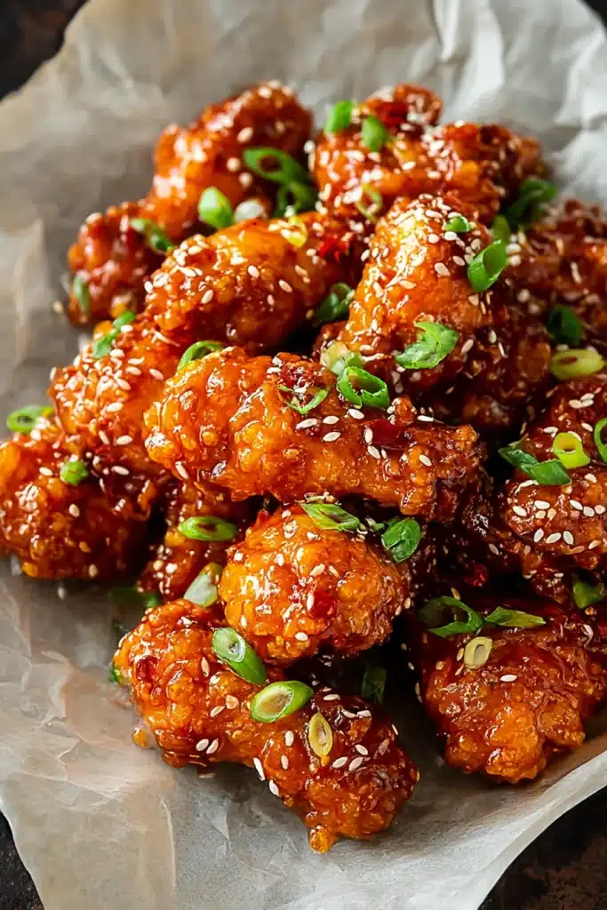 Sweet & Spicy Korean Fried Chicken wings glazed in gochujang sauce with sesame seeds, green onions, and chili flakes on parchment paper