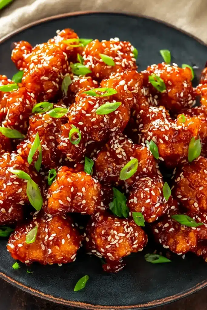 Sweet & Spicy Korean Fried Chicken Recipe | Amazing & Easy 7 Sweet & Spicy Korean Fried Chicken served on a rustic ceramic plate with sesame seeds and green onions