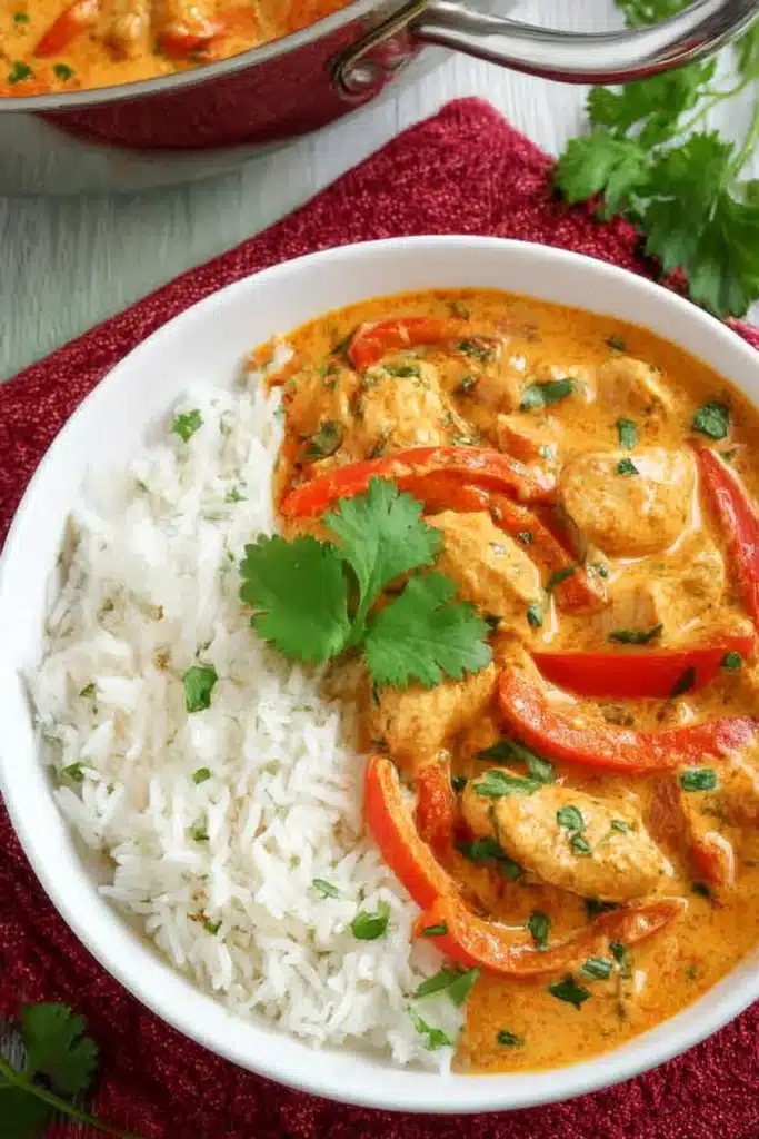 Easy Thai Red Curry Chicken | Quick & Flavorful Dinner 6 Bowl of Thai red curry chicken with jasmine rice, topped with cilantro