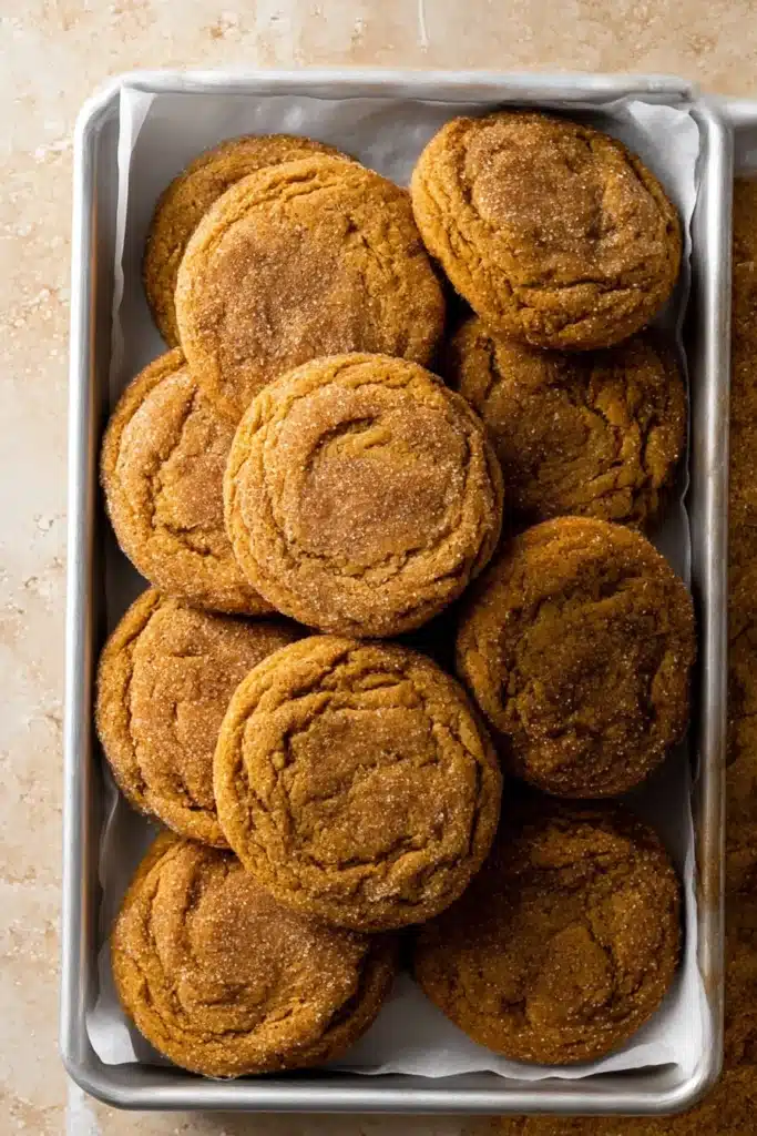 Chewy Maple Pumpkin Cookies – Cozy & Irresistible Treat 8 Chewy maple pumpkin cookies baked to perfection and stacked in a parchment-lined tray.