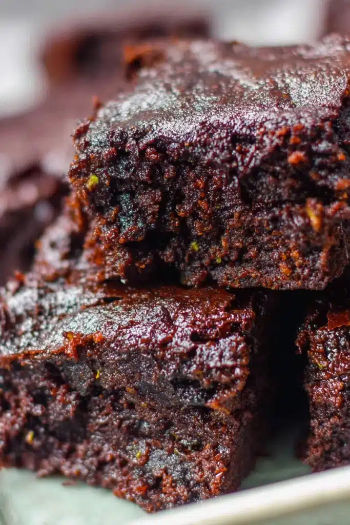 Zucchini Brownies – Fudgy, Healthy, Irresistible 13 Close-up of moist zucchini brownie with glossy chocolate top