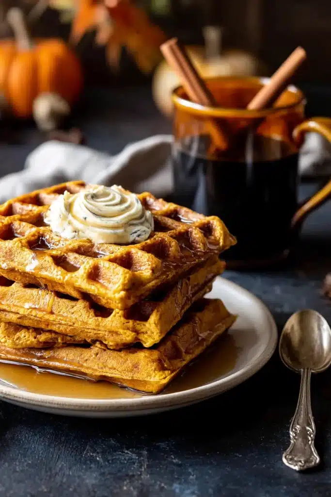 Stack of cider pumpkin waffles topped with salted maple butter and served with cinnamon coffee