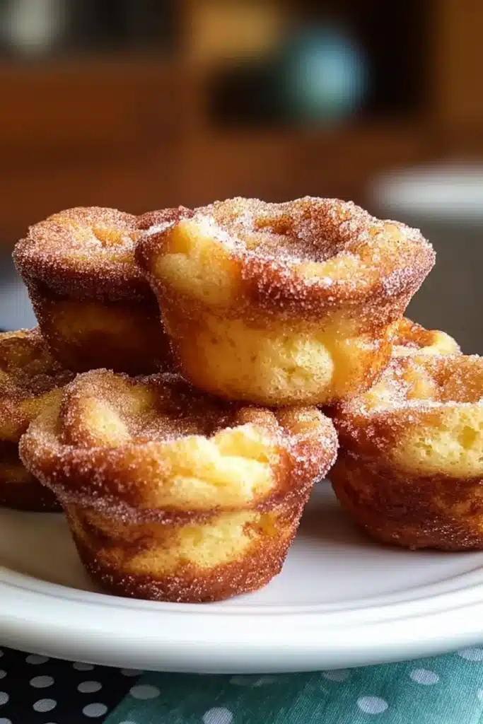Stacked cinnamon sugar French toast muffins with crisp golden edges and soft sugar-dusted tops on a white plate with a patterned tablecloth.