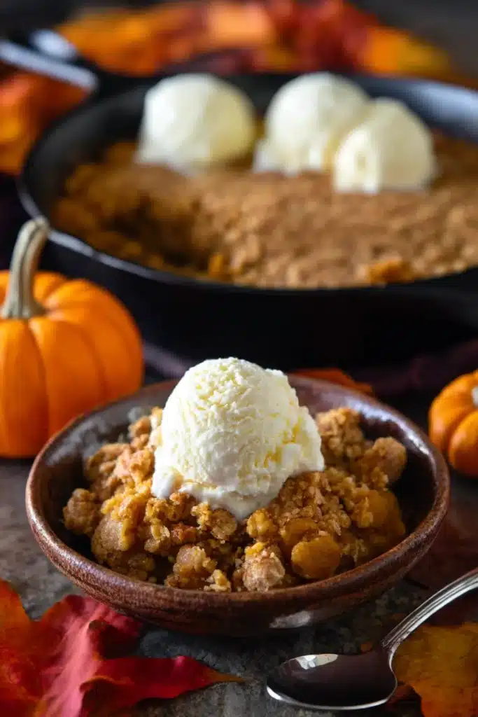 Pumpkin Crisp Recipe | Easy & Cozy Fall Dessert 8 Pumpkin Crisp Recipe served in bowl with vanilla ice cream, skillet in background