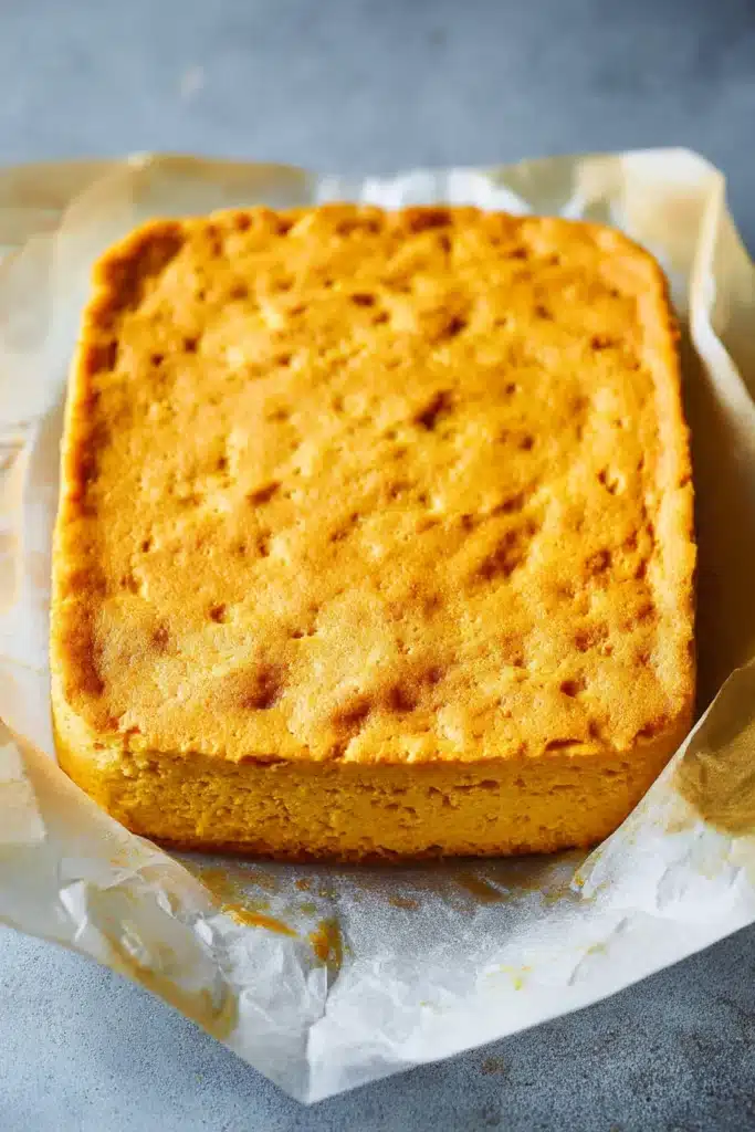Whole Pumpkin Magic Custard Cake with golden-yellow sponge top on parchment paper