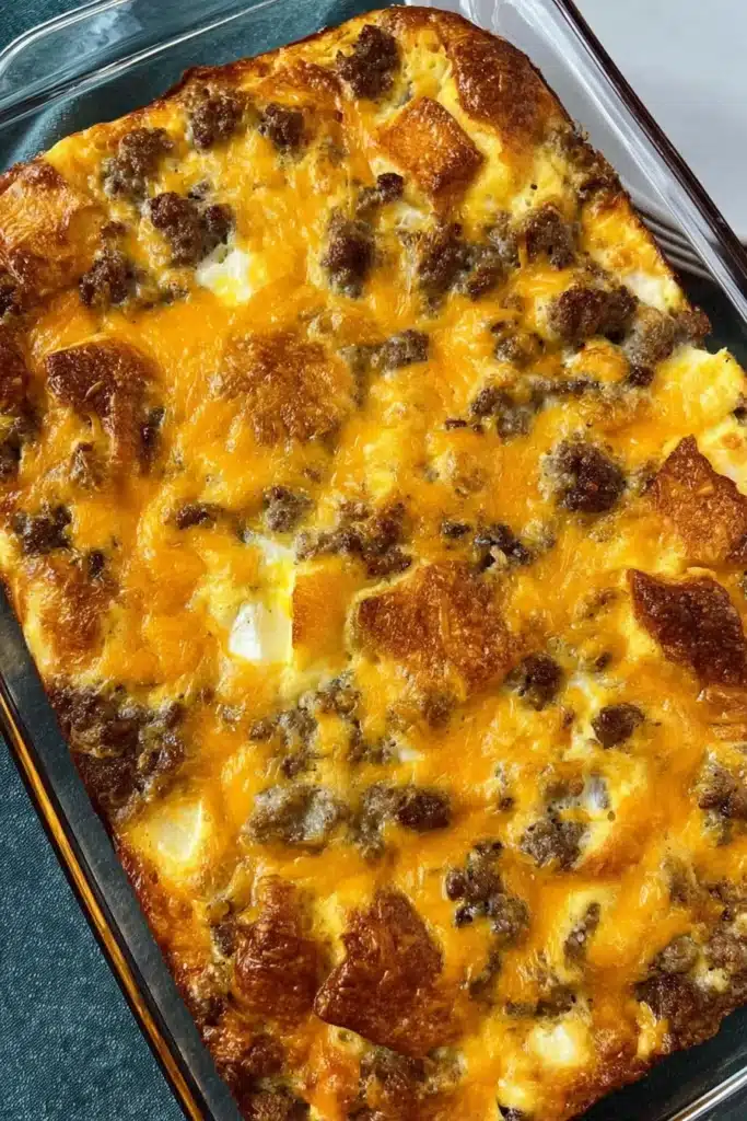 Full tray of baked sausage and egg breakfast casserole with golden cheese crust