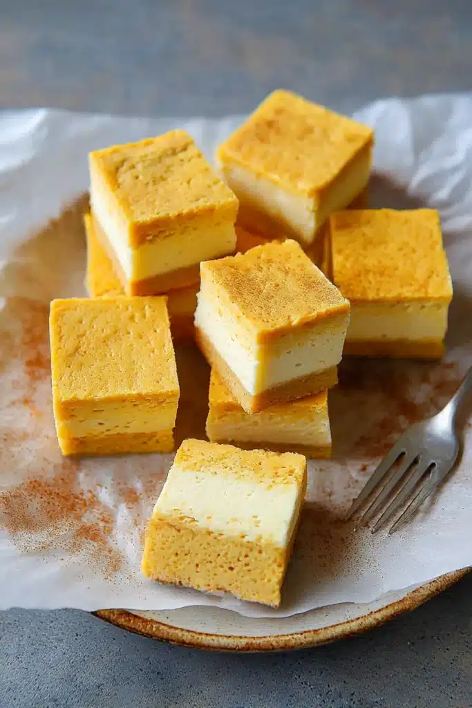 Pumpkin Magic Custard Cake: Easy Recipe with Tips 6 Yellow Pumpkin Magic Custard Cake slice showing sponge, custard, and cake layers