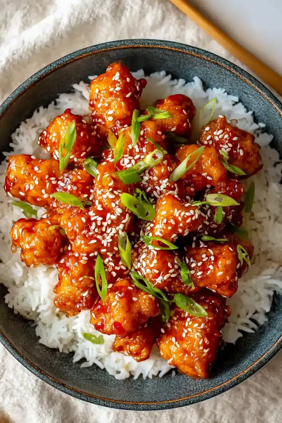Crispy sweet chilli chicken served on white rice, topped with sesame seeds and spring onions