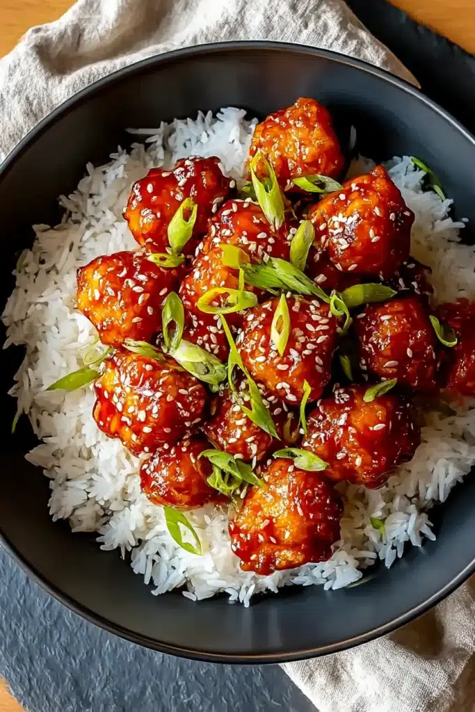 Crispy Sweet Chilli Chicken | Quick, Better Than Takeout 7 Overhead view of sweet chilli chicken with rice, sesame seeds, and scallions