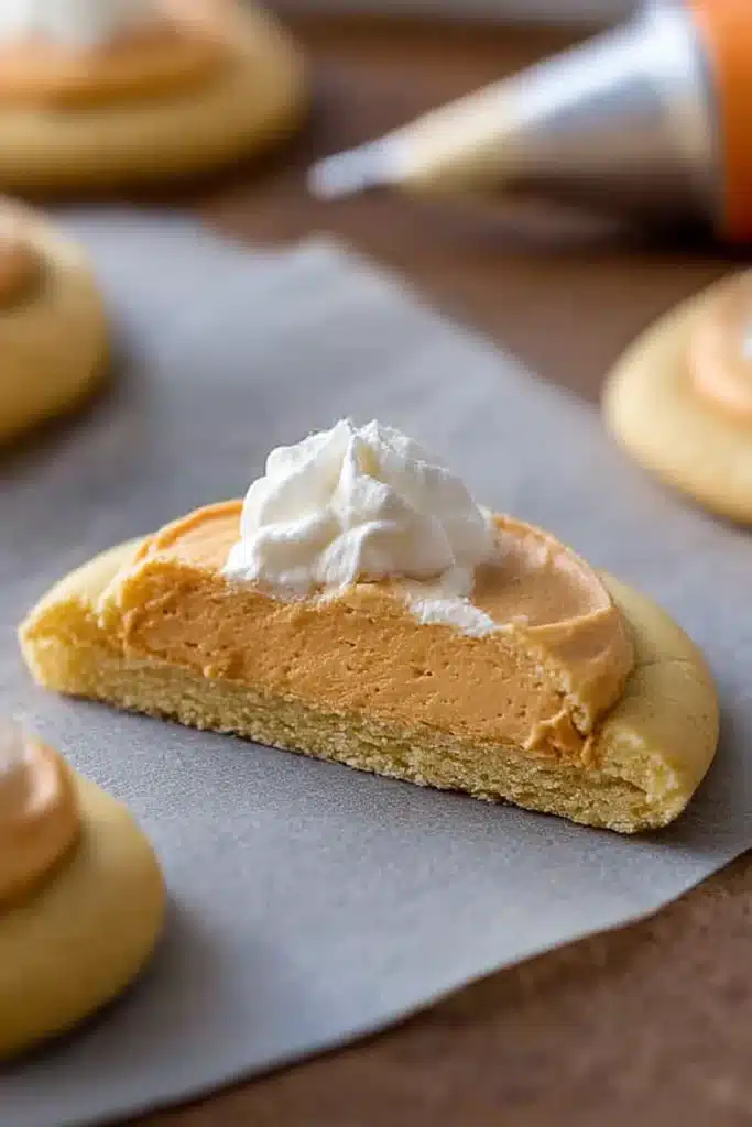 Cross-section of Crumbl pumpkin pie cookie showing fluffy mousse and thick sugar cookie base