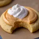 Crumbl Pumpkin Pie Cookies (Homemade Bakery-Style Treat!) 5 Crumbl pumpkin pie cookies with creamy pumpkin mousse and whipped cream on a soft sugar cookie base
