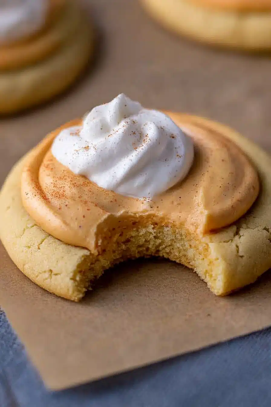 Crumbl pumpkin pie cookies with creamy pumpkin mousse and whipped cream on a soft sugar cookie base