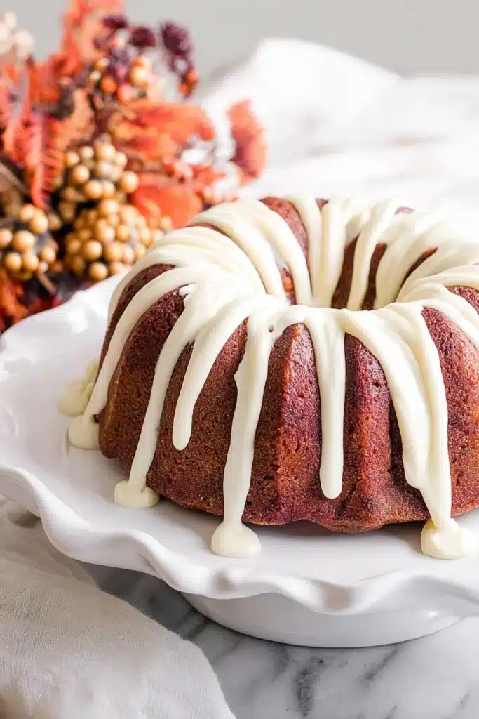 Fully iced keto pumpkin bundt cake with cream cheese drizzle and autumn decor