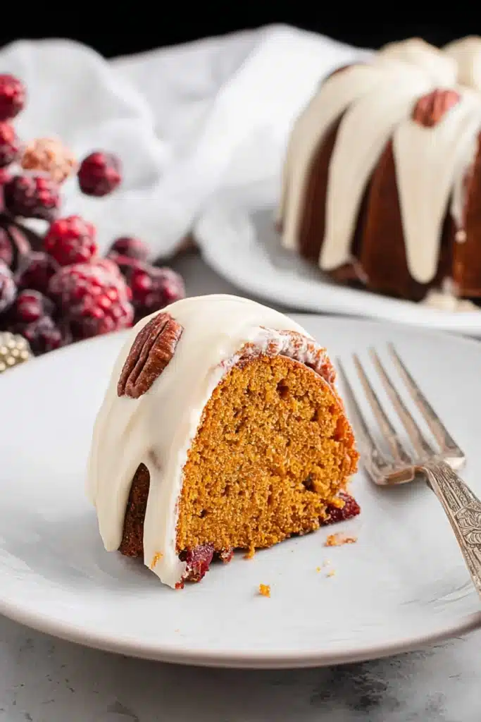 Slice of keto pumpkin bundt cake with cream cheese icing and pecan on a plate
