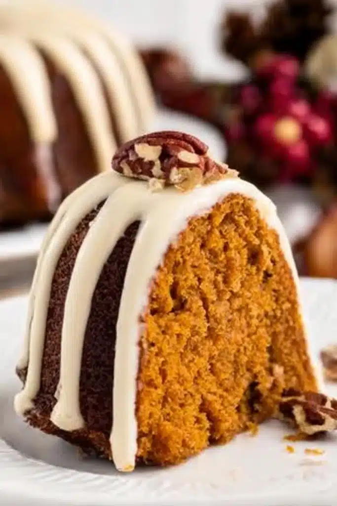 Close-up of a slice of keto pumpkin bundt cake with cream cheese icing and pecan