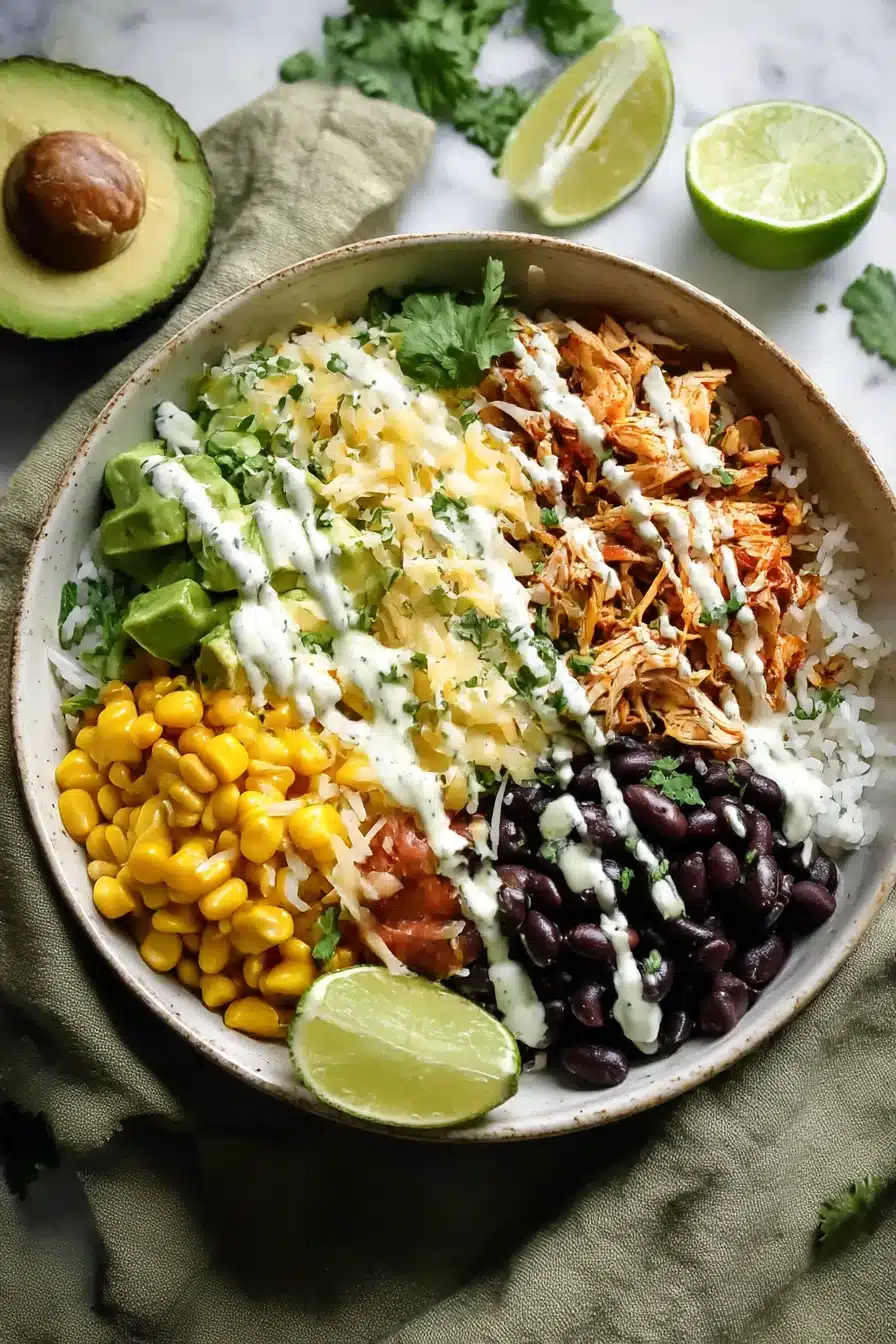 Slow Cooker Chicken Burrito Bowl with shredded chicken, rice, corn, black beans, avocado, cheese, cilantro, and lime in a white bowl