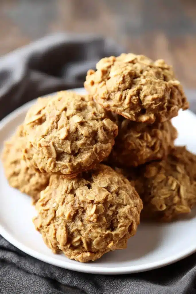 soft pumpkin oatmeal cookies stacked on white plate