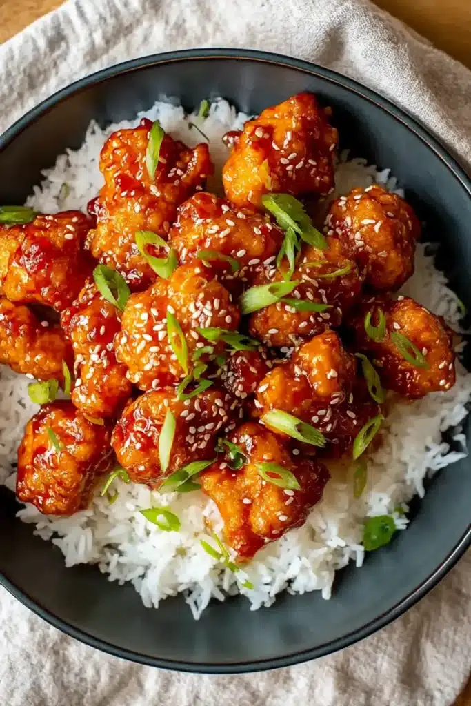 Close-up of crispy sweet chilli chicken with sesame and scallions on steamed rice