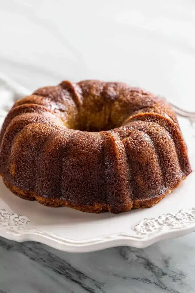 Whole keto pumpkin bundt cake on white ceramic plate with golden crust

