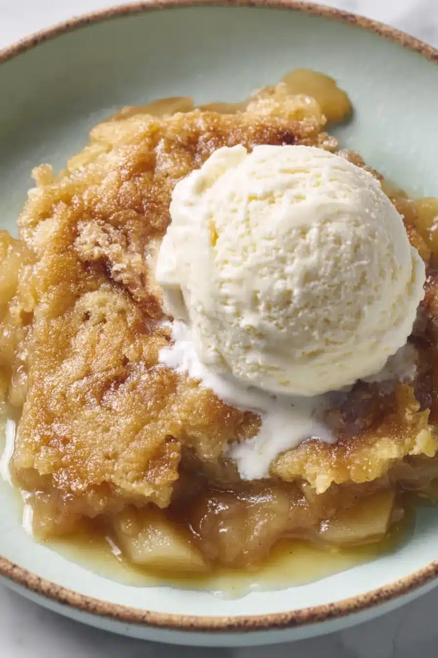 3-Ingredient Apple Dump Cake with vanilla ice cream in a white bowl