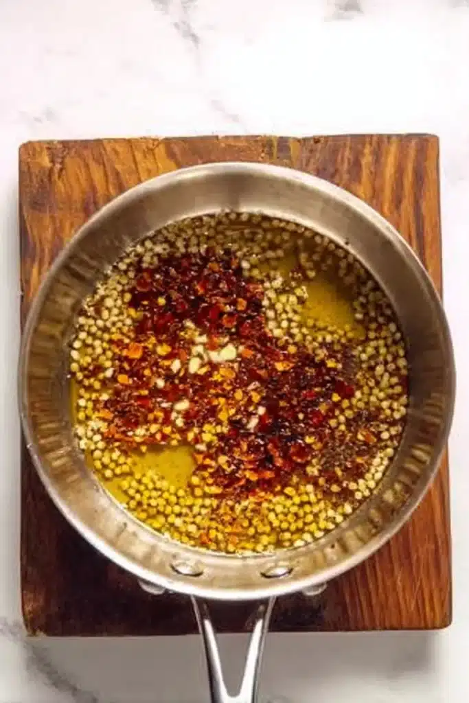 Chili flakes and spices added to hot garlic oil