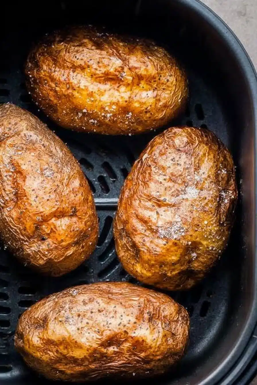 Crispy air fryer baked potatoes with golden skins in air fryer basket