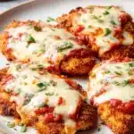 Golden air fryer chicken parmesan with melted cheese and marinara