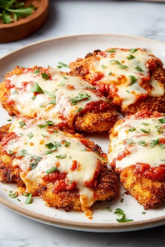 Golden air fryer chicken parmesan with melted cheese and marinara
