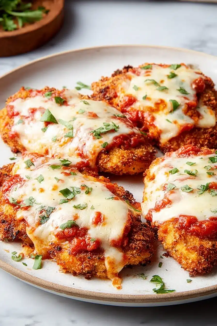 Golden air fryer chicken parmesan with melted cheese and marinara