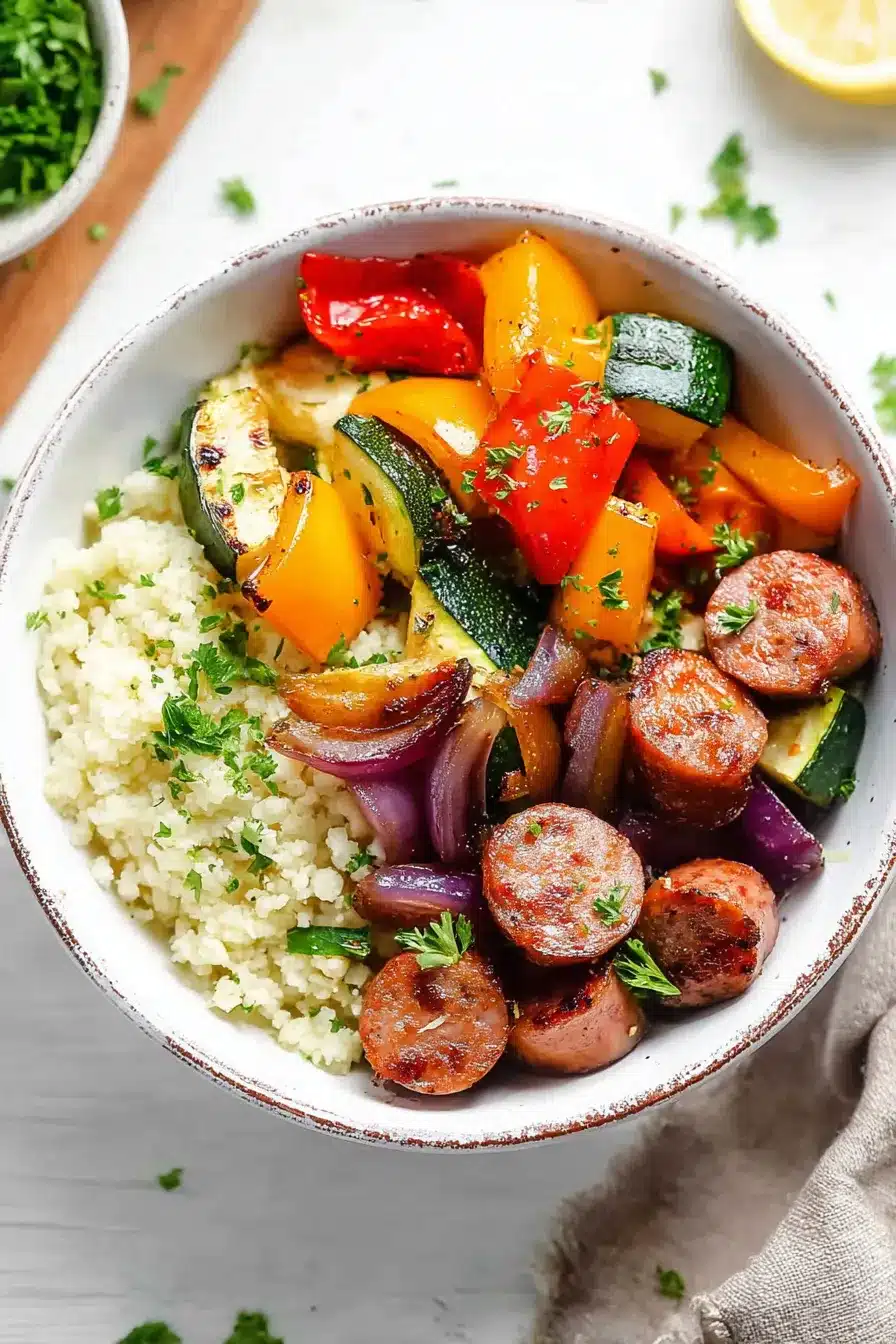 Colorful air fryer chicken sausage and veggies bowl with cauliflower rice