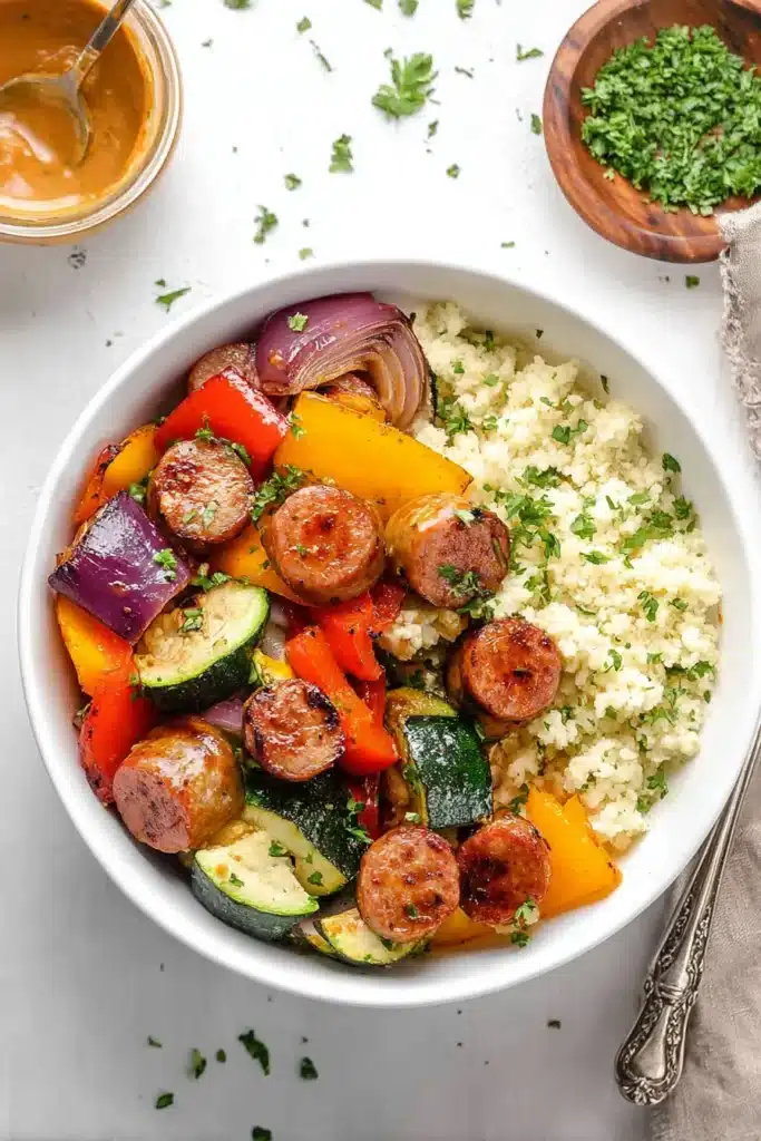 Air fryer chicken sausage and veggies with cauliflower rice in a white bowl