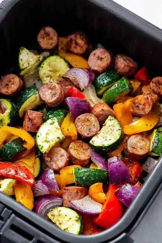 Air fryer chicken sausage and veggies cooked in air fryer basket
