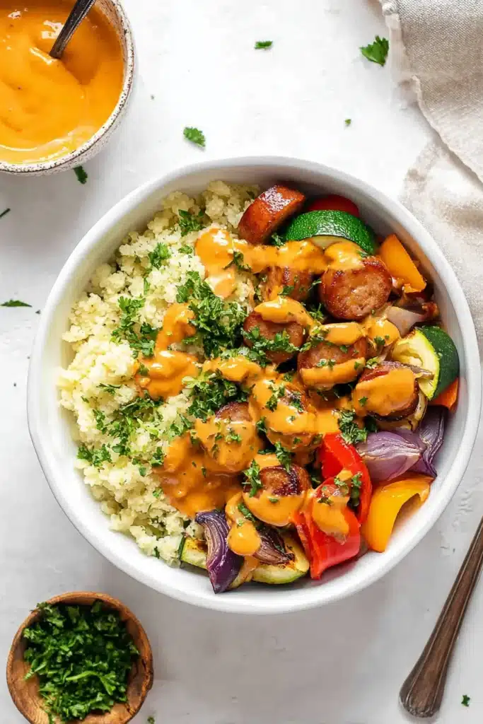 Air fryer chicken sausage and veggies with romesco sauce and cauliflower rice