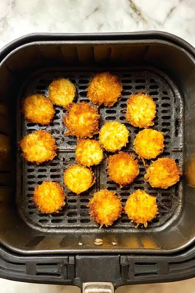  Golden crispy pickles in air fryer basket after cooking