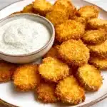 Crispy air fryer fried pickles with creamy dill dipping sauce on a plate
