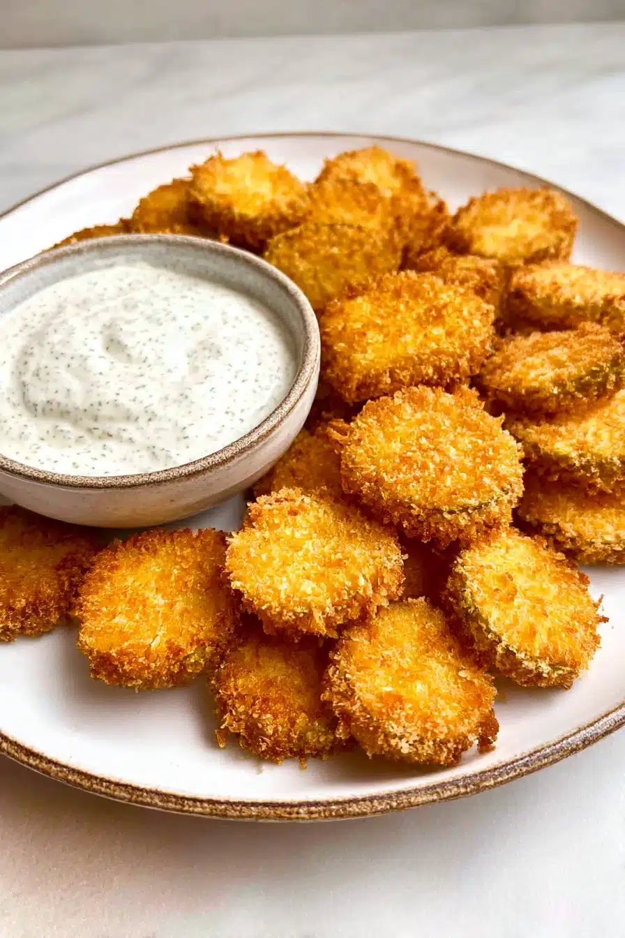 Crispy air fryer fried pickles with creamy dill dipping sauce on a plate