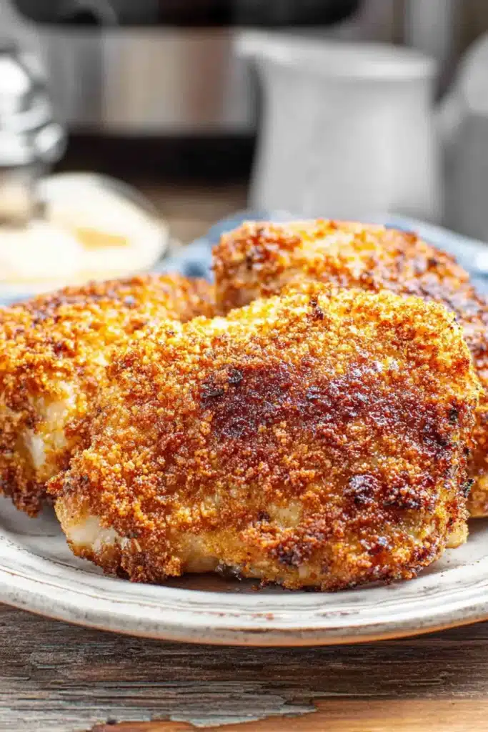 Crispy air fryer panko chicken thighs on a white plate