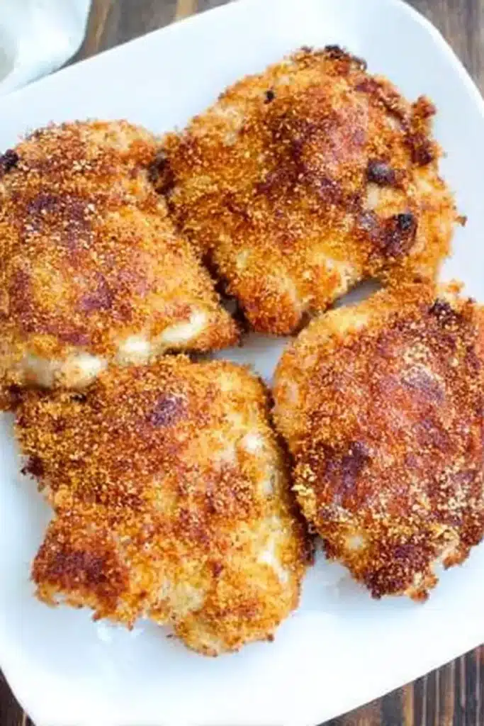 Air Fryer Panko Chicken Thighs | Crispy & Delicious Dinner 11 Golden crispy air fryer panko chicken thighs on white plate
