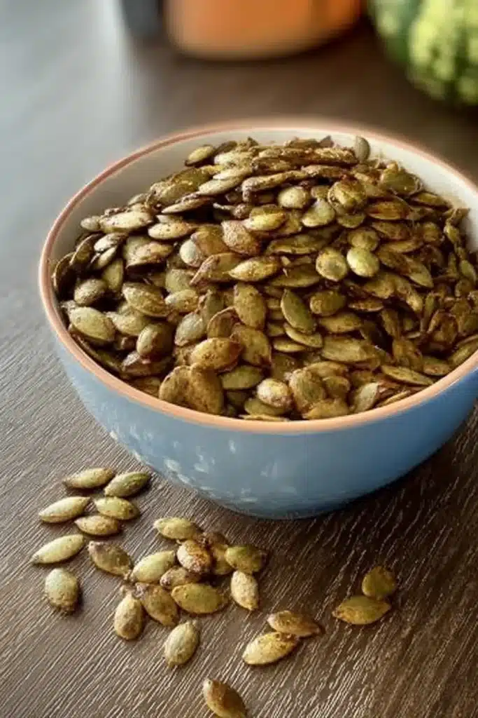 Roasted air fryer pumpkin seeds in ceramic bowl on wooden table