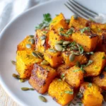 Air Fryer Pumpkin | Quick, Healthy & Delicious Side 10 Crispy air fryer pumpkin chunks with seeds on a white plate