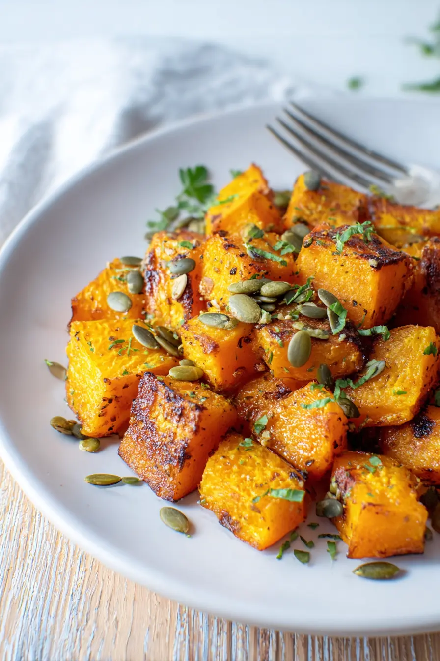 Crispy air fryer pumpkin chunks with seeds on a white plate