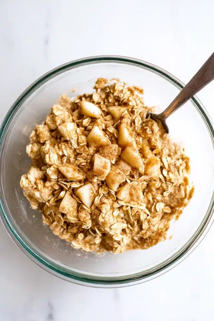 Apple chunks on muffin batter in glass mixing bowl