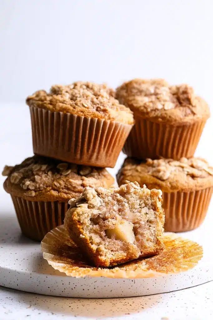 Apple cinnamon muffin with bite showing moist crumb and apple chunks