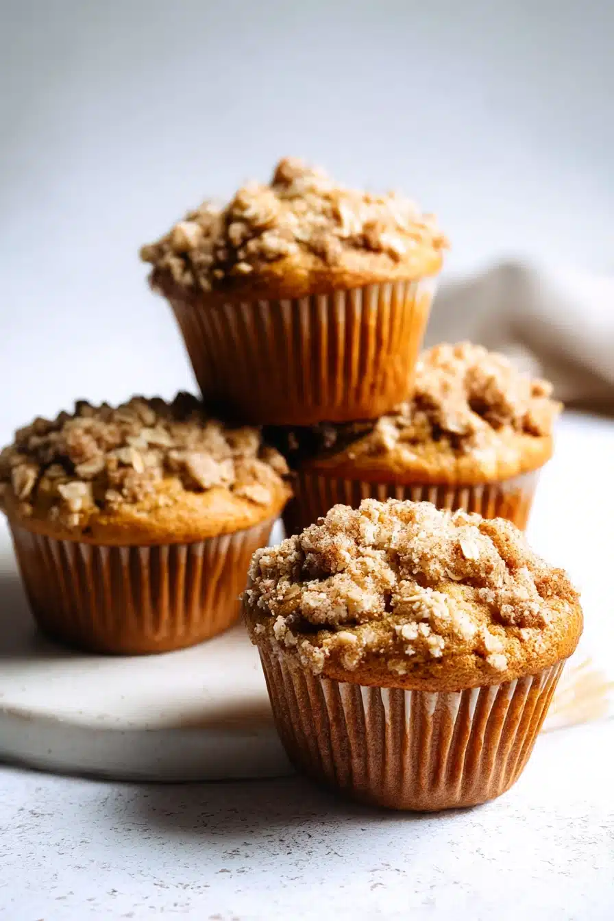 Stack of apple cinnamon muffins with oat topping