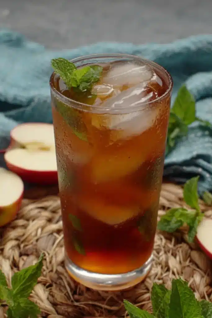 Tall glass of apple iced tea with ice cubes and fresh mint leaves