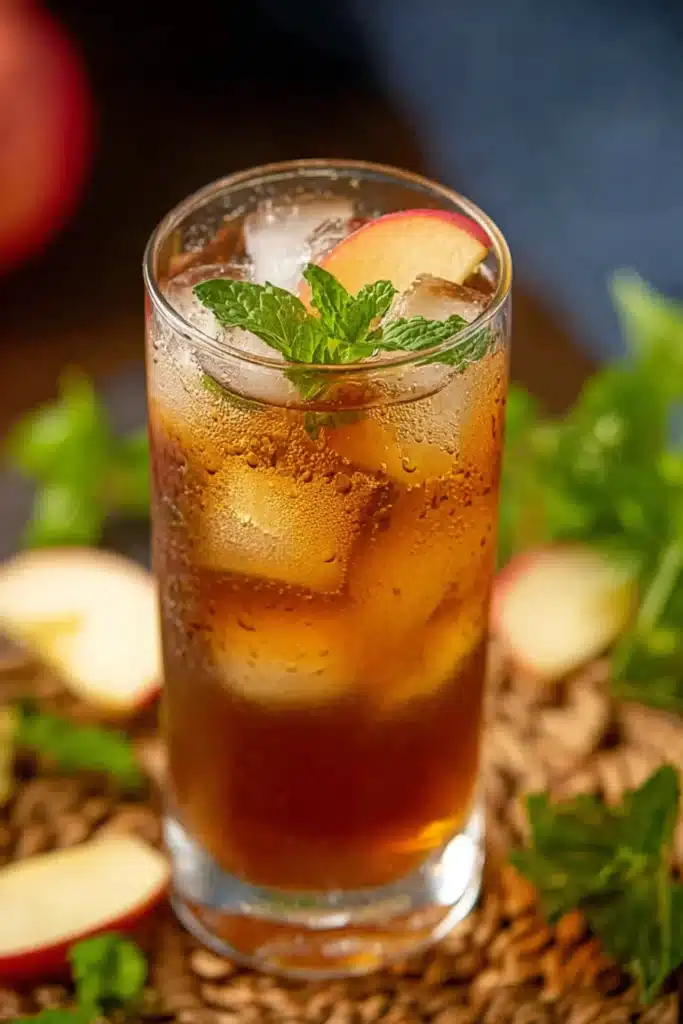 Tall glass of apple iced tea with mint leaves and apple slice garnish