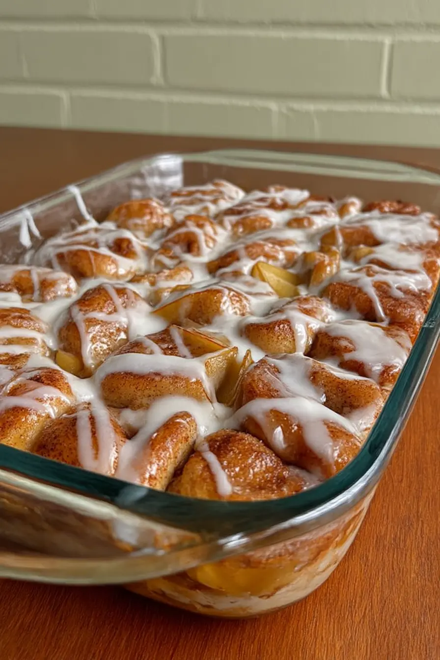 Apple pie bubble up with golden cinnamon rolls and icing in glass baking dish