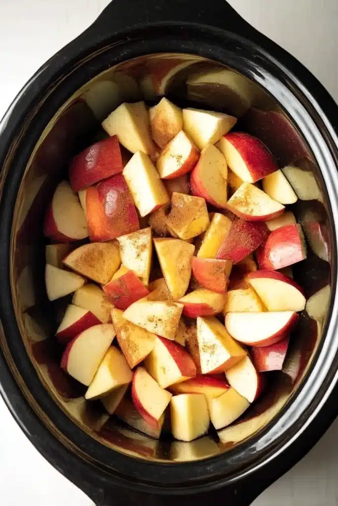 Apples and spices in a black slow cooker, ready to make slow cooker apple butter.